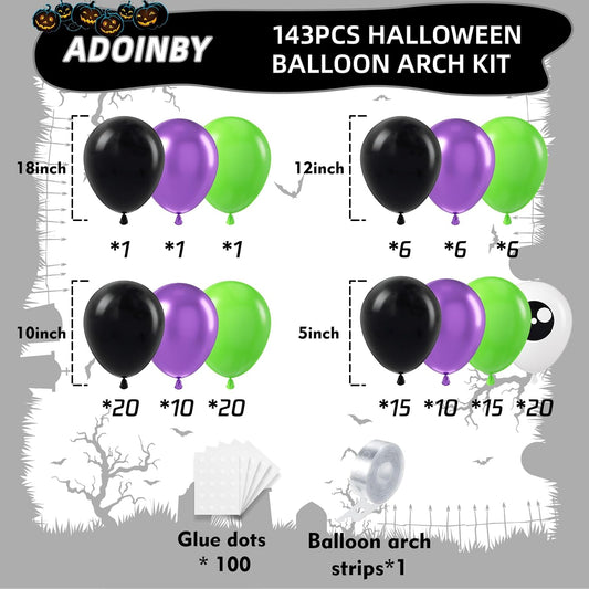 Halloween Balloon Garland Arch Kit, 131Pcs DIY Haloween Party Supplies Matte Black Metallic Purple Lime Green Balloon with Eye Balloons for Halloween Day Haunted House Theme Party Decorations