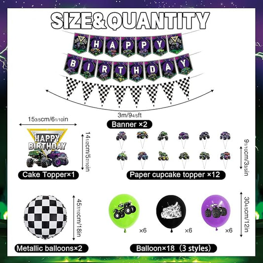 Truck Birthday Decorations Kit,162pcs Monster Birthday Party Supplies Serves 16 Guests, Truck Theme Party Decorations for Boy Purple and Green