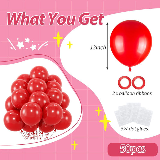 50pcs Red Balloons, 12inch Red Party Balloons Helium Quality for Wedding Anniversary Birthday 4th of July Independence Day Valentine's Party Decorations (With Ribbon & Glue)