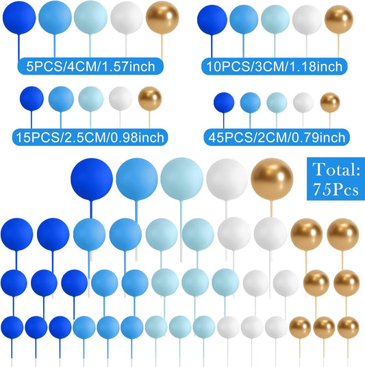75 Pieces Cake Balls Topper Decorations Foam Cupcake Topper Mini Balloon Cake Topper Balls Cake Picks for Cake Deco Birthday Party Wedding(Blue Gold White Series)
