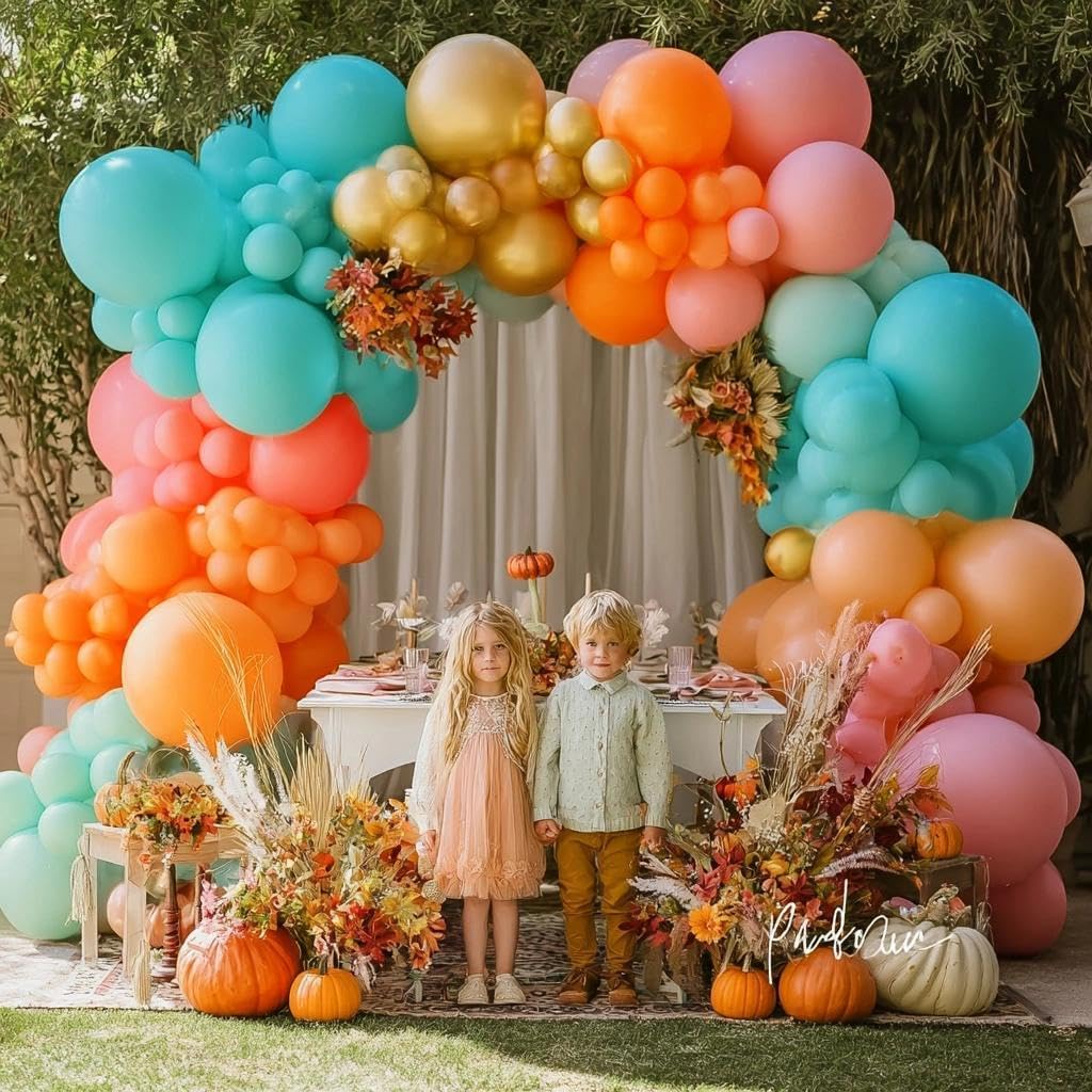 Pinbra Pastel Balloons Garland Kit Coral Pink Teal Blue Balloons Double Stuffed Light Green Orange Gold Metallic Latex Arch for Tropical Hawaii Luau Birthday Baby Shower Christmas Party Decorations