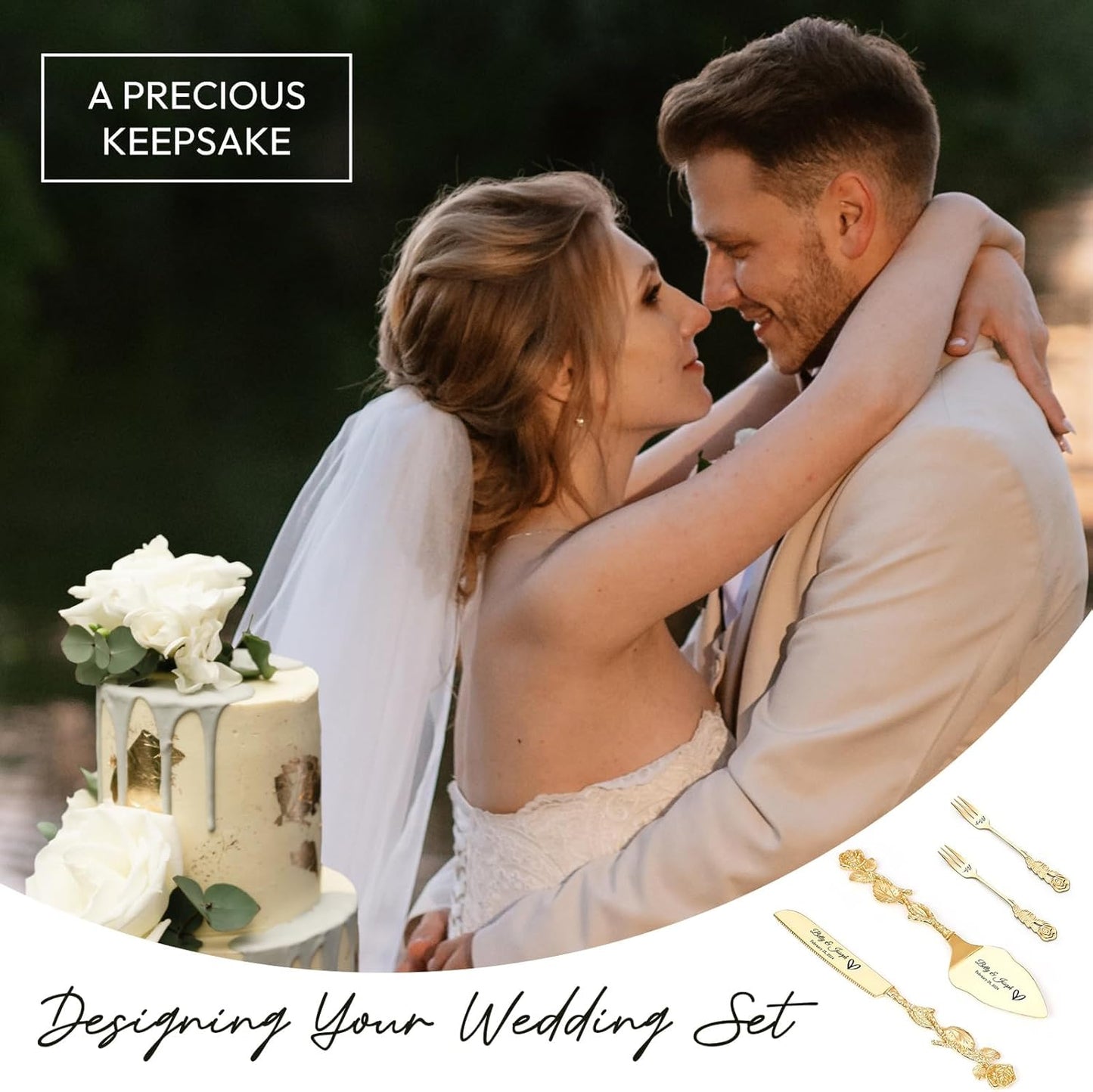 Personalized Wedding Cake Knife and Server Set Custom Cake Cutting Set Engraved Gold Cake Cutter Server Forks for Wedding Anniversary Engagement Birthday Gifts