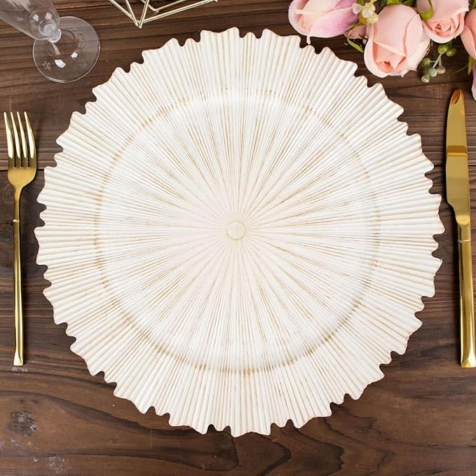 Efavormart 6 Pack | 13" Metallic Antique White Sunray Acrylic Plastic Serving Plates, Round Scalloped Rim Disposable Charger Plates