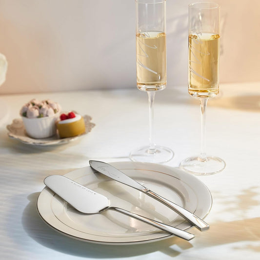 AW BRIDAL Champagne Flutes Set of 2, MR MRS Engraved, Crystal, 6 oz, Cake Cutting Set, Wedding Gift Box, Housewarming Gifts, Engagement Gifts for Couple
