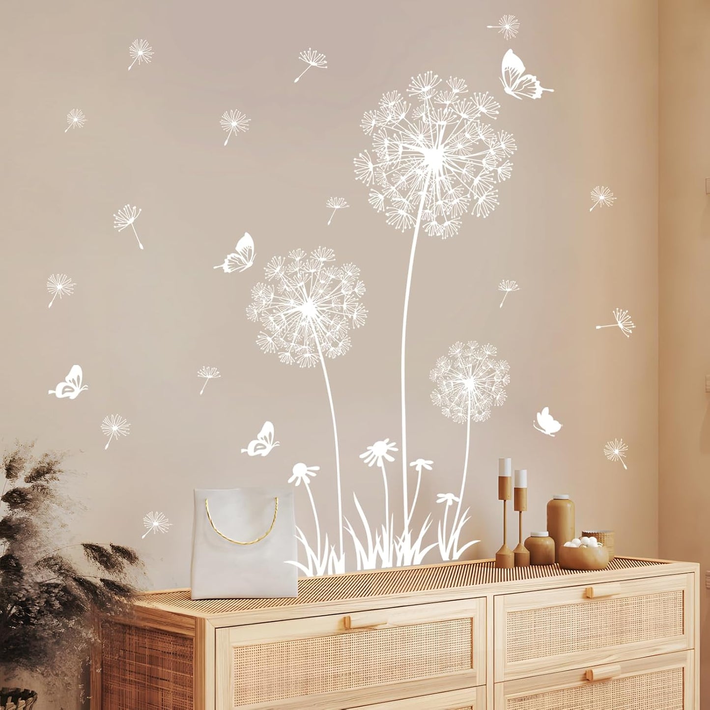 2 Sheets Dandelion Wildflower Wall Decals Art, Wall Stickers Peel and Stick Floral Butterflies Flying Decor for Girls Kids Women Baby Nursery Living Room Bedroom Bathroom Hallway Stairwell (White)