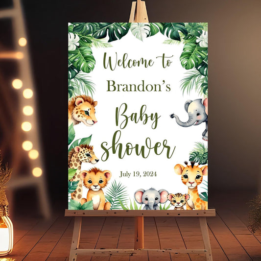 Custom Baby Shower Sign, Baby Sign For Baby Shower, Lion Zebra Deer Elephant Theme Baby Shower Decorations, Safari Greenery Baby Shower Decorations, Welcome Baby Shower Sign