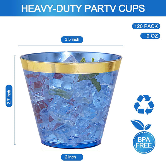 Nervure 240 PCS Blue Plastic Cups - 9Oz Gold Rimmed Plastic Cups - Heavy Duty Disposable Blue Cup with Gold Rim Perfect for Weddings, Receptions & Parties