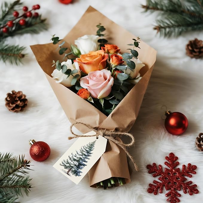 Anwyll Christmas Gift Tags with String - 50Pcs Vintage Merry Christmas Tags for Gifts Xmas Gift Tag Personalized Christmas Tree Label Happy Holiday Tag for Present Wrap Goodie Bag Holiday Party Favors