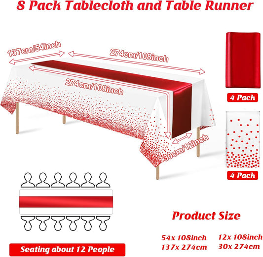 8Pack Disposable Plastic Tablecloths and Satin Table Runner Set White and Red Dot Tablecloth Red Satin Table Runner for Wedding Birthday Baby Shower Anniversary Christmas New Year Party Supplies