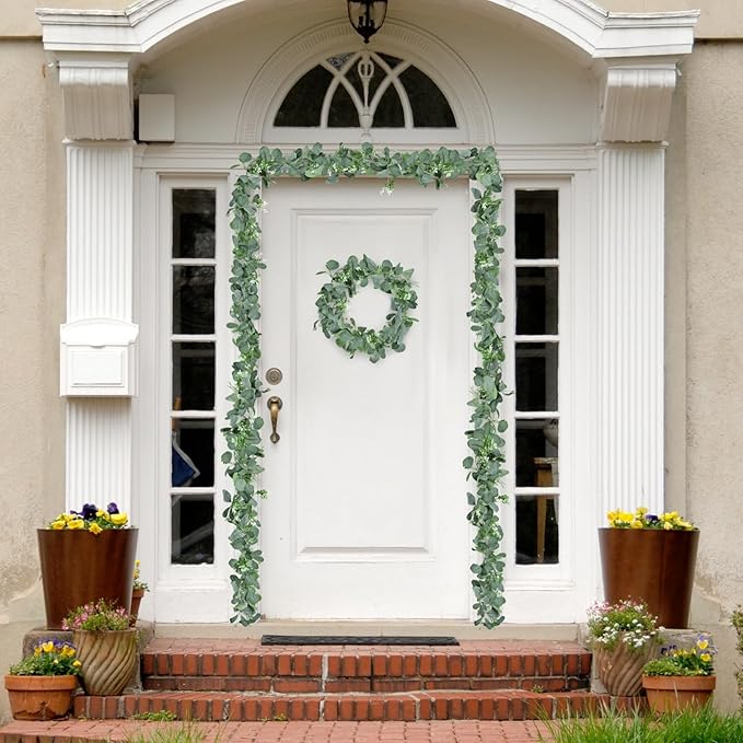 6.2ft Artificial Eucalyptus Garland with Butterfly Leaves and White Flowers – Full Faux Greenery Vine for Wedding Arch, Fireplace Mantel, Table Centerpiece, Party and Home Decor