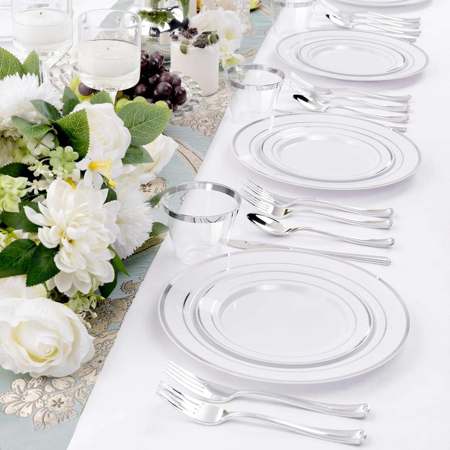 WELLIFE 450 PCS Silver Disposable Dinnerware Set for 75 Guests, Wedding Plates Silver Plastic Plates for Party, Including 75 Dinner Salad Plates, Cups, Forks Knives Spoons for Wedding and Party
