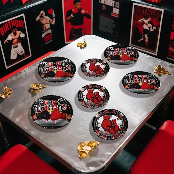 Grencian 96Pcs Boxing Birthday Party Supplies World Champion Plates and Napkins Fight Sports Wrestling Tableware Set for Boxing Birthday Party Supplies Serves 24