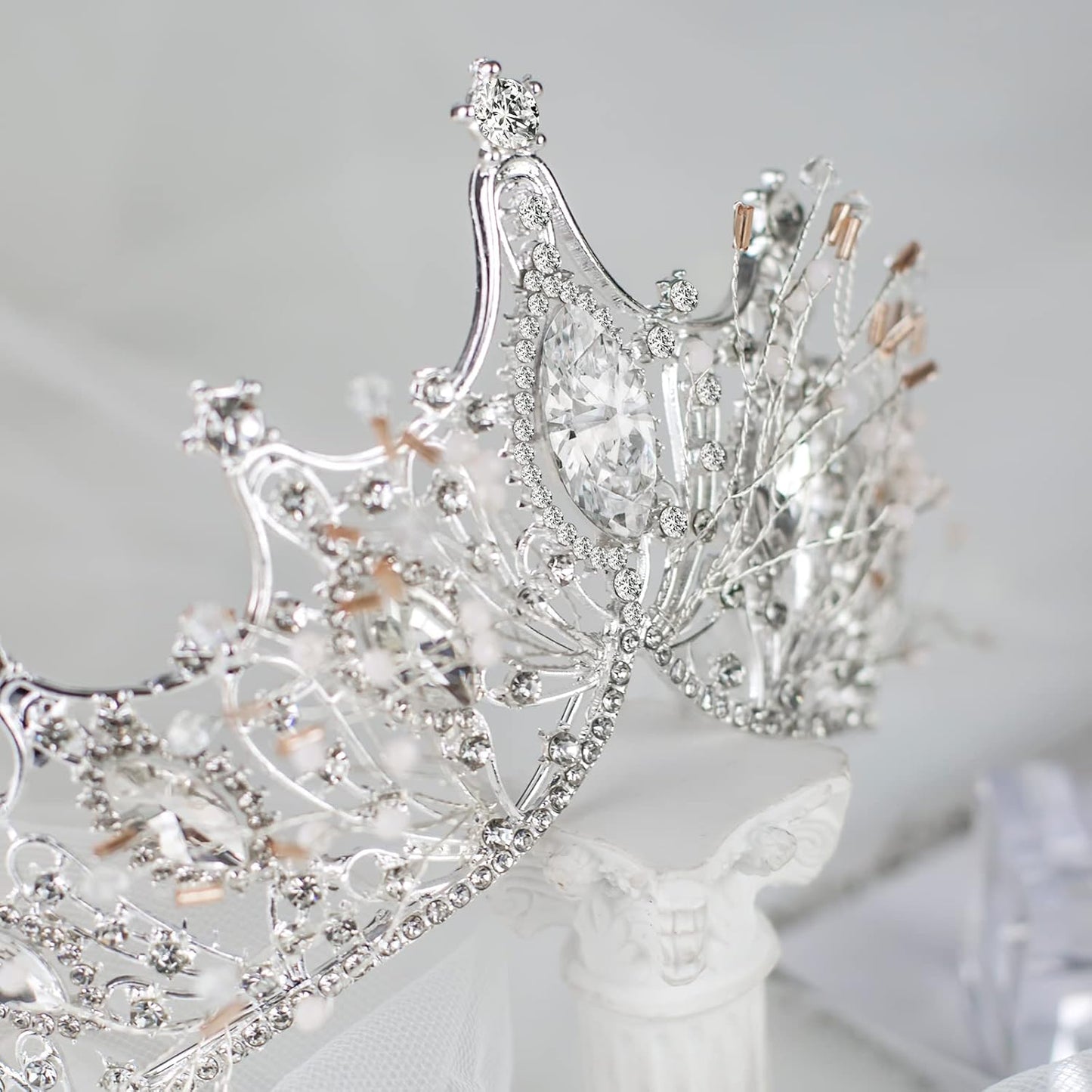 Yolmina Baroque Queen Crown, Sliver Wedding Crown and Tiara for Bride Handmade Princess Crystal Rhinestone Headband Tiaras for Women, Fairy Hair Accessories for Wedding Halloween Party Music Festival