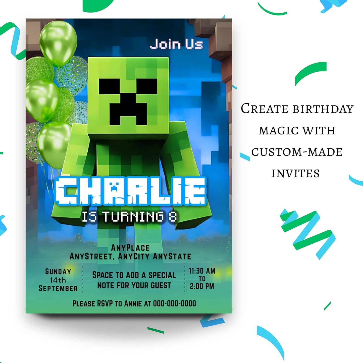 Fully Customizable minecraft Birthday Party Invitations, 4 x 6 inches, with Self-Sealing Envelopes, Gaming Theme Design, minecraft Birthday Invitations for Boys and Girls (Minecraft/CreeperBlue)