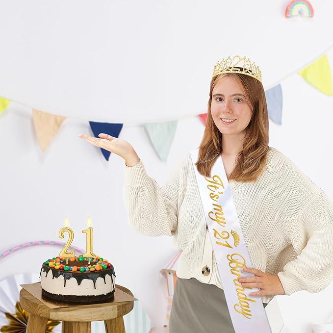 21st Birthday Decorations for Her with 21st Birthday Sash White and Tiara Gold, 21 Candles Gold, 21 Year Old Gifts for Her