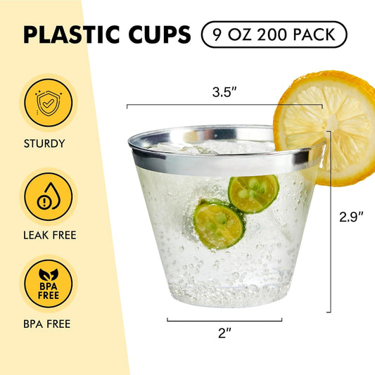 RACETOP 200 Pack 9 oz Silver Plastic Cups Tumbler, Disposable Cups with Silver Rim for Party, Heavy-duty Clear Plastic Wine Glasses, Disposable Wedding Cups