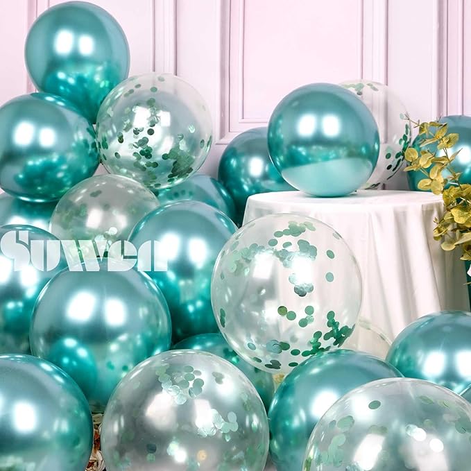 SUWEN Metallic Green Balloons and Confetti Balloons Set 47PCS Latex Helium Metallic Teal Balloon for Birthday Anniversary Party Decorations