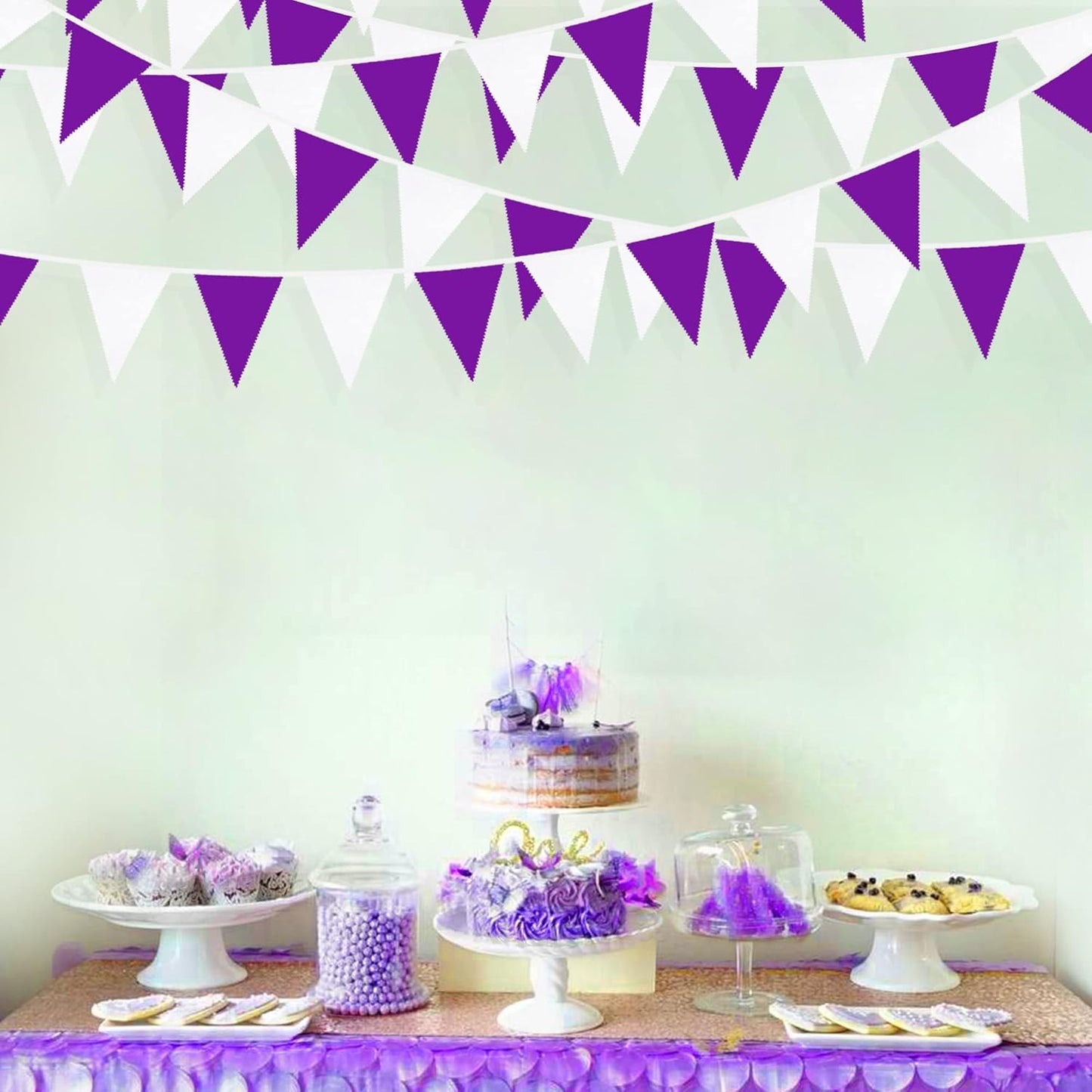 32Ft Purple and White Pennant Banner Fabric Triangle Flag Cotton Cloth Bunting Garland Kit for Wedding Birthday Lavender Party Home Nursery Outdoor Garden Hanging Festivals Decoration