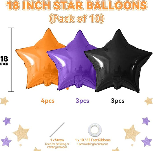 Purple Black Orange Star Foil Balloons, 10PCS Halloween Foil Stars Shape Balloon, 18 Inch Large Metallic Stars Balloons Helium Pentagram Balloon for Birthday, Baby Shower, Halloween Party Decorations