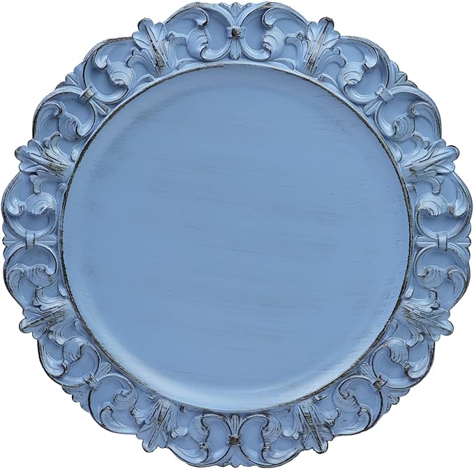 13" Antique Blue Charger Plates, Set of 6 Plastic Textured Chargers for Dinner Plates with Embossed Rim, Table Décor, Party, Wedding, Holiday
