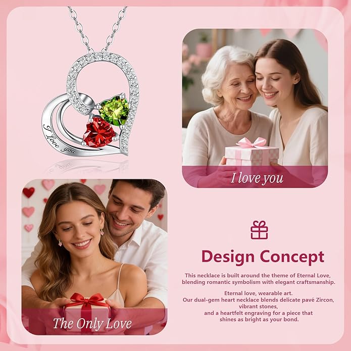 Double Birthstone Heart Necklace 0.8CT Dual-Gemstone S925 Sterling Silver Plated White Gold Engraved I Love You Perfect Anniversary/Valentine's Day Gift for Wife/Girlfriend/Mom/Daughter
