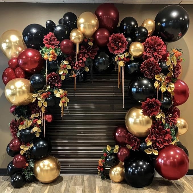 Burgundy Black Gold Balloon Garland Double Stuffed Dark Red Gold Maroon Black Balloon Arch Kit for Birthday Graduation Anniversary Prom Party Decoration