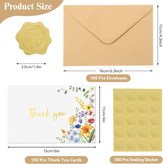 100 Pack Thank You Cards with Envelopes, 4x6 Inch Thank You Cards Bulk Blank Card Notes with Stickers Greeting Card for Wedding, Baby Shower, Bridal Shower, Birthday, Thanksgiving, Christmas