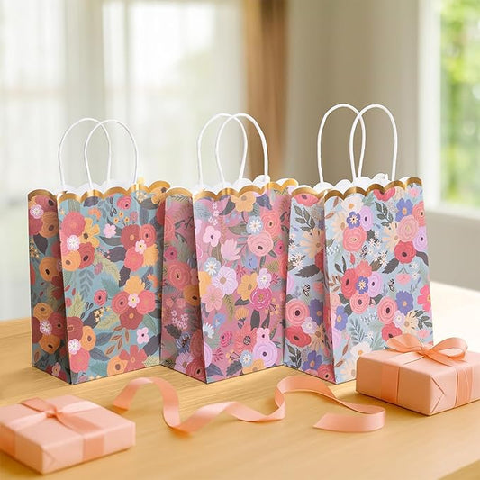 Small Gift Bags with Handles, 12-Pack Paper Party Favor Goodie Bags, 5.82 x 3.15 x 8.18 Inches, 6 Designs in Wildflower Whimsy, Ideal for Birthdays, Baby Showers, and Christmas Parties