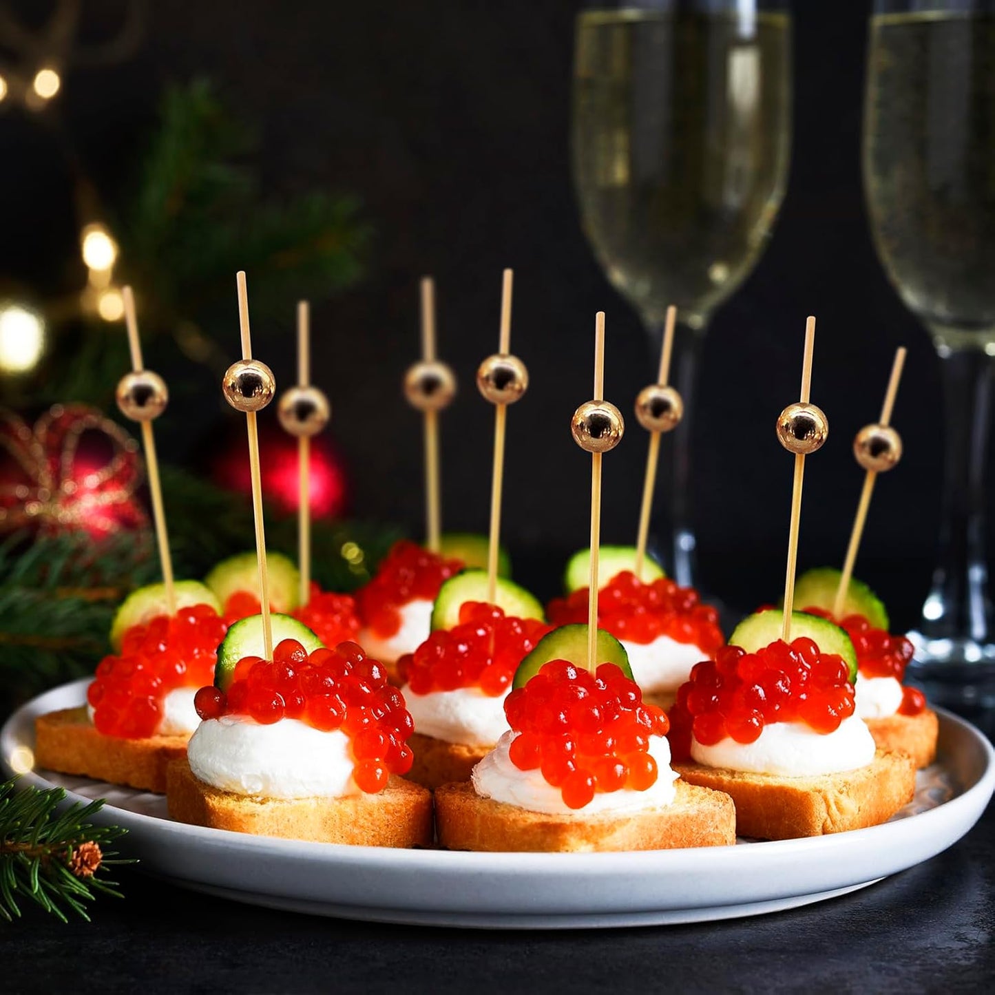 Minisland Gold Pearl Cocktail Picks, 4.7 Inch Long Bamboo Fancy Toothpicks for Appetizers, Decorative Christmas New Year Holiday Party Food Drink Garnish Fruit Kabob Skewer Sticks 100 Counts - MSL150