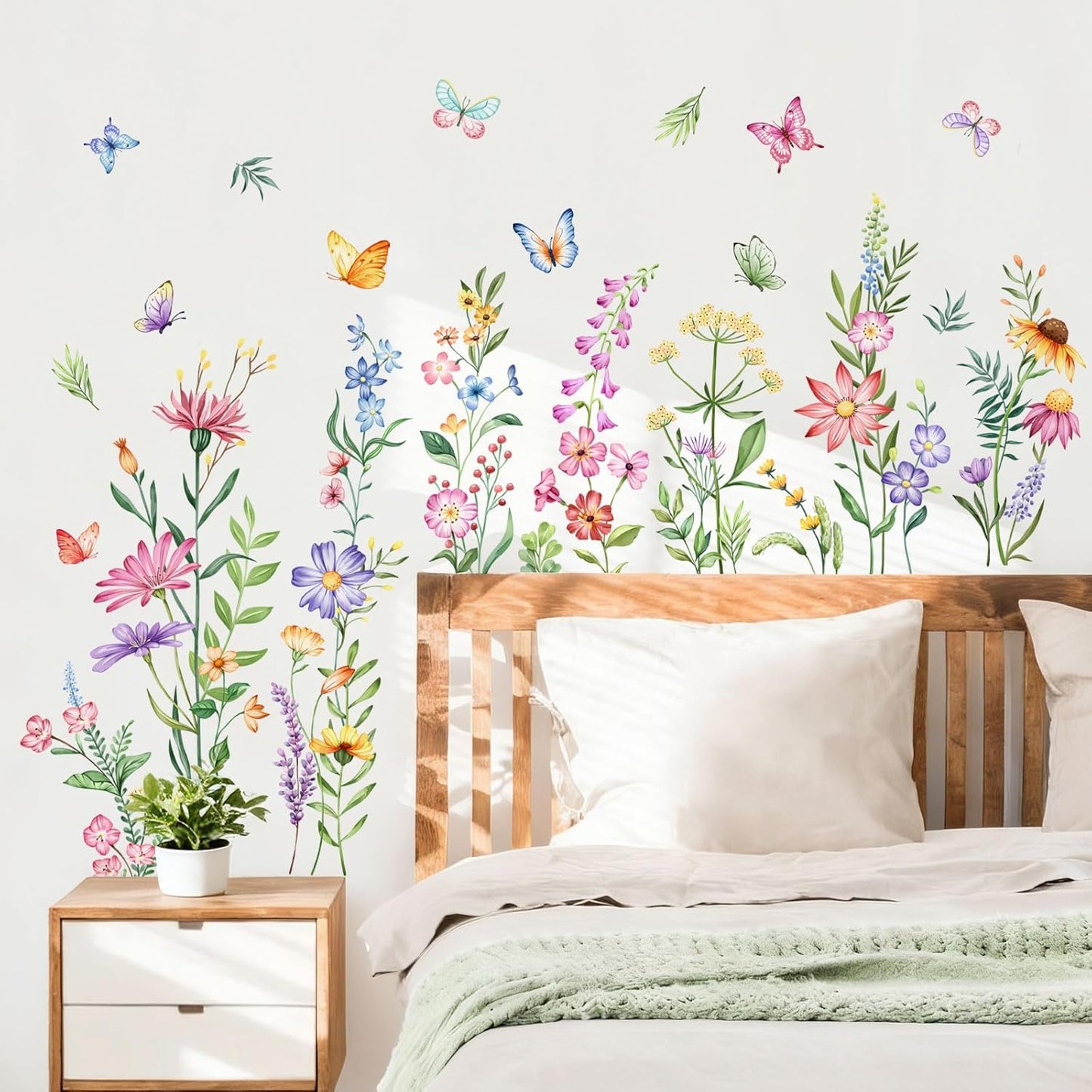 Flower Wall Decals Watercolor Wildflower Grass Butterflies Wall Stickers Peel and Stick Vinyl Decal for Girls Bedroom Living Room Home Office