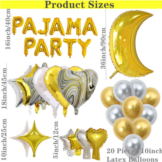 44 Pieces PAJAMA PARTY Balloons Gold Moon Star Heart Aluminum Foil Balloons Silver Latex Balloons for Girls Women Slumber Party Sleepover Birthday Party Spa Party Decoration (Gold)