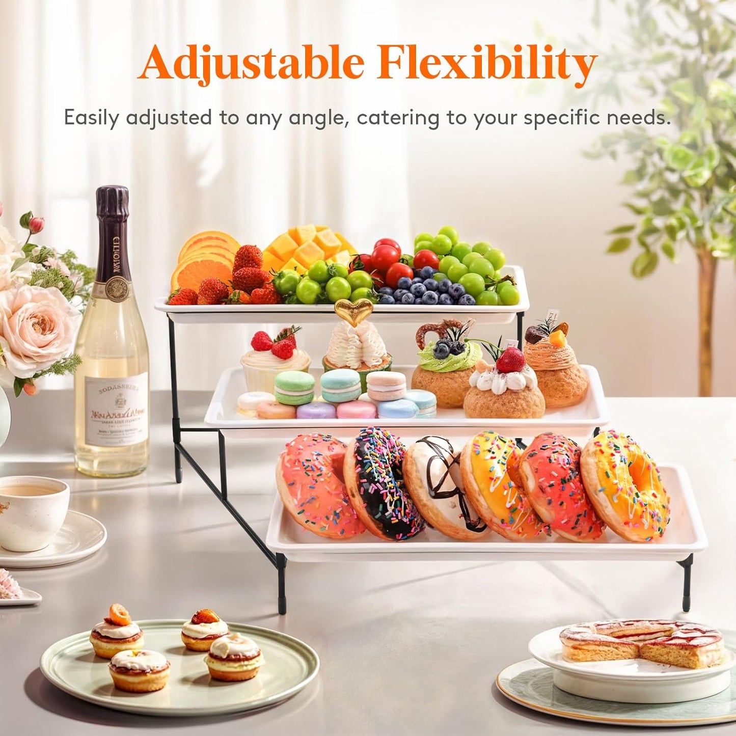 Lifewit 3 Tier Serving Tray, 14" x 6.5" White Plastic Tiered Food Serving Platters, Tiered Tray Stand for Party with Black Collapsible Metal Stand, Dessert Display Stands for Cookies, Crackers