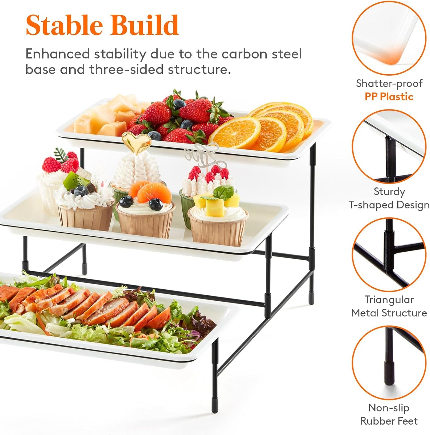 Lifewit 3 Tier Serving Tray, 12" x 6.5" White Plastic Tiered Food Serving Platters, Tiered Tray Stand for Party with Black Collapsible Metal Stand, Dessert Display Stands for Cookies, Crackers