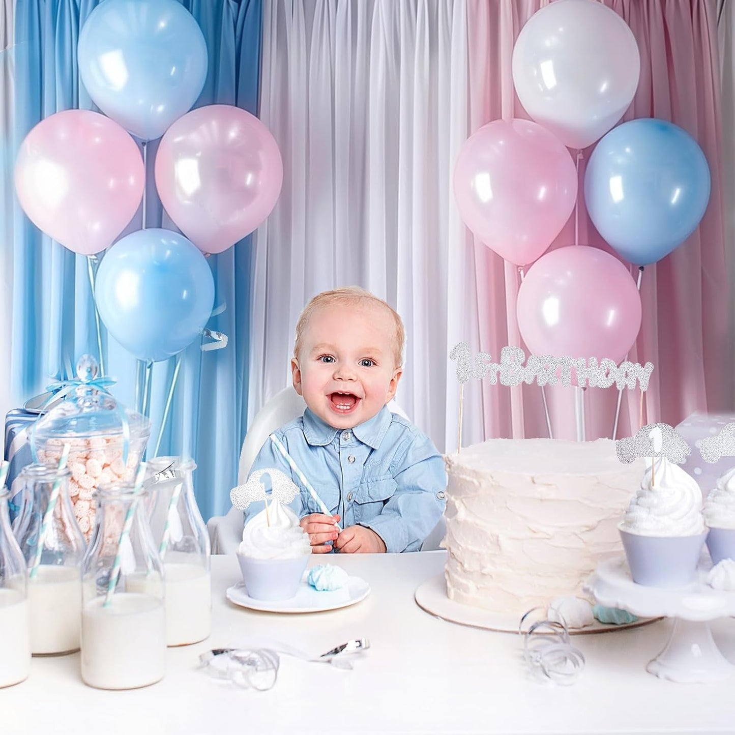 Backdrop Curtain 10x7ft, Gender Reveal Backdrop for Baby Shower, Wrinkle-Free Polyester Fabric Photo Backdrop Curtain, Blue, Pink, and White for Wedding and Party Decorations,5 Panels