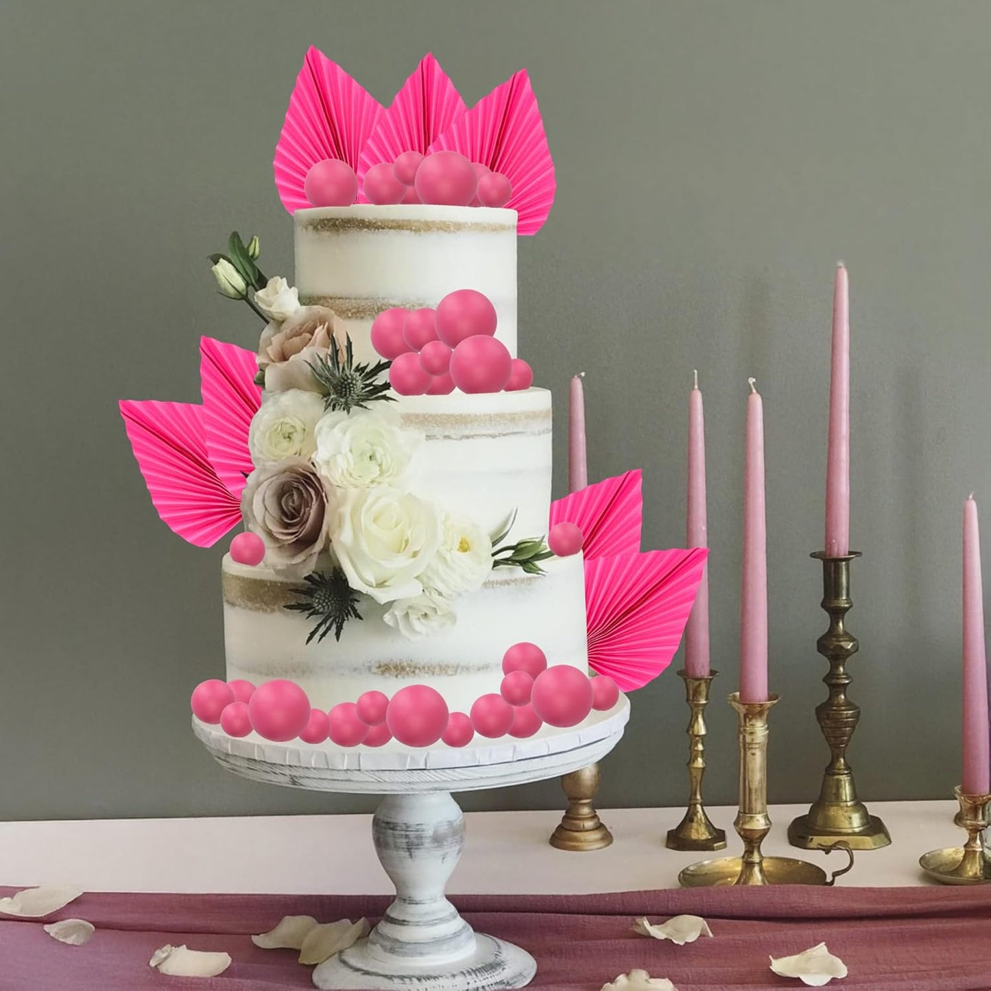 Ephlyn 28Pcs Paper Palm Fan Cake Topper Balls Cake Pick Wedding Bridal Shower DIY Cake Decorations for Baby Shower Wedding Birthday Anniversary Party Supplies Rose Red