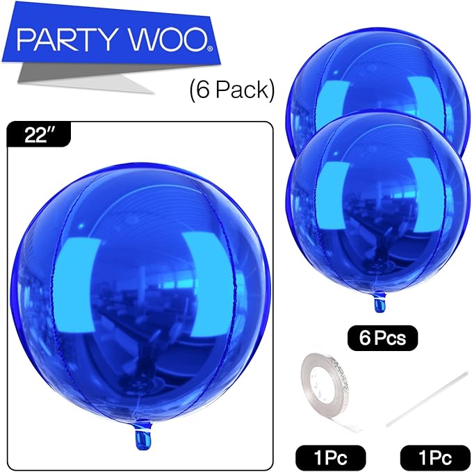 PartyWoo Royal Blue Foil Balloons 6pcs 22 Inch Large Round Foil Big Giant 4D Jumbo Inflatable Mirror Ball Mylar Balloons for Graduation Men Birthday Retirement Baseball Gaming Party Decorations