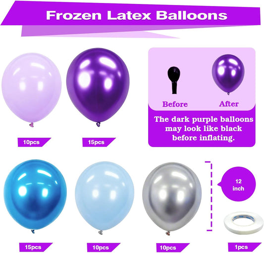 Bezente Frozen Balloons Kit, 60pcs 12 inch Blue Purple Latex Balloons Metallic Silver Helium Balloons for Girls Birthday Wedding Baby Bridal Shower Wonderland Winter Ice Snow Theme Party Decorations
