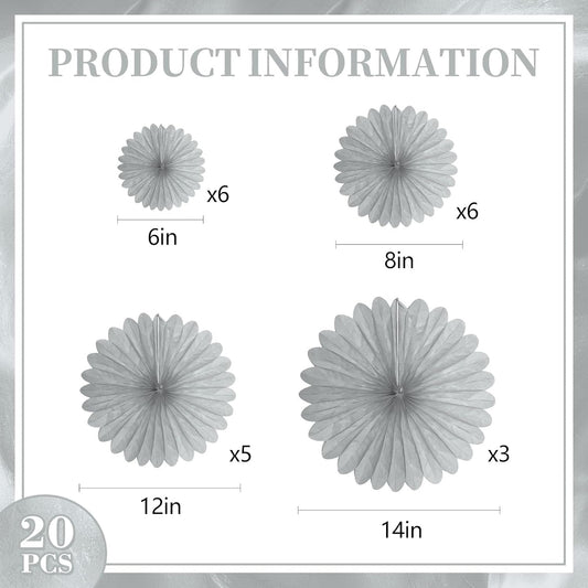 20 Pcs Silver Grey Hanging Paper Fan, Hanging Honeycomb Round Paper Fans for Weddings, Birthdays, Christmas, Baby Showers, Classroom, Events Ceiling Party Supplies Decorations