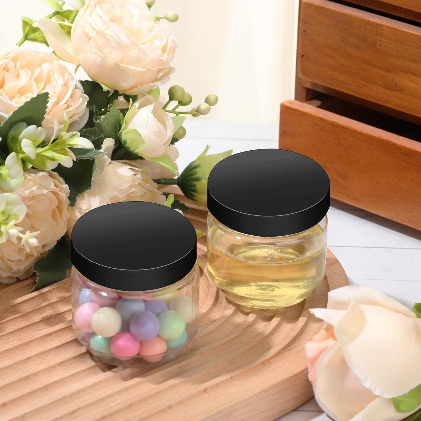 Tanlade 60 Pcs 3 oz Clear Plastic Jars with Lids Wide Mouth Mason Jars Mini Storage Containers Bulk for Herb Jelly Wedding Valentine Favors Shower Party Favors(Sleek Black)