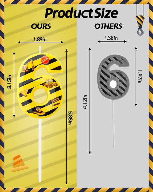 Number 6 Construction Birthday Candle, 2.68 Inch Yellow and Black Striped Candle, Birthday Candles Numbers Construction Cake Topper for Boys Girls, Construction Birthday Party Supplies Decorations