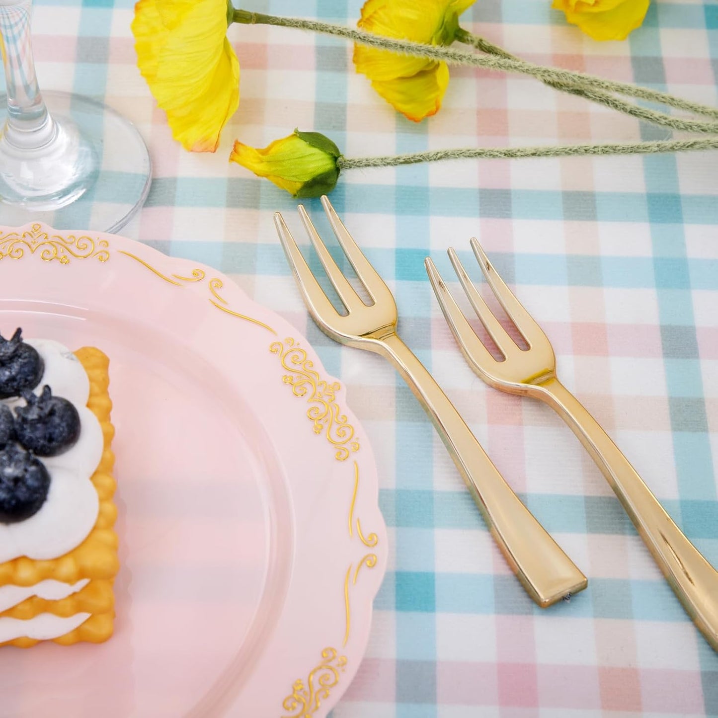 LIYH 100 Pcs Pink Gold Dessert Plates - 100 Pcs Gold Plastic Forks,Cake Plates Disposable with Forks, Appetizer Plates, Bridal Shower Party Plates for Birthday Wedding Party
