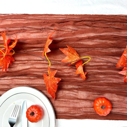 Booque Valley Fall Table Runner Terracotta Cheesecloth 10ft Soft Boho Wrinkled Decorative Gauze Sheer for Autumn Thanksgiving Holiday Party Centerpiece Decoration Table Decor, 35x120 Inch, 1 Pc