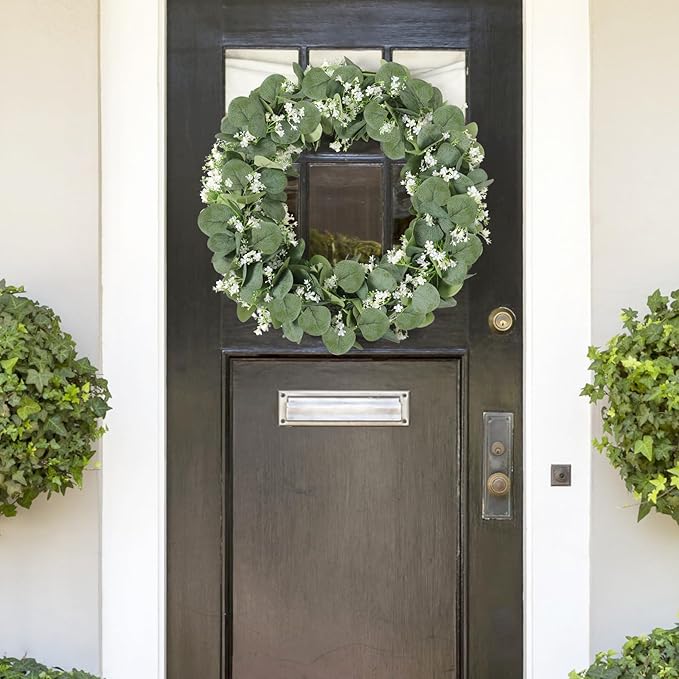 KHOYIME Eucalyptus Garland with White Flowers, 2 Packs 5.9Ft Artificial Silver Dollar Eucalyptus Leaves Plant Fake Greenery Hanging Ivy Vines Faux Wreath for Wedding Arch Party Mantle Table Home Decor