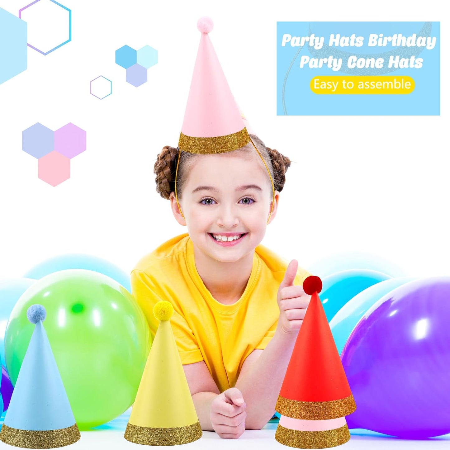 48 Pcs Birthday Party Hats Paper Colorful Cone Party Hats with Pom Poms and Glitter Trim for Kids Adults Birthday Holiday Party Family Gathering Favor Supplies
