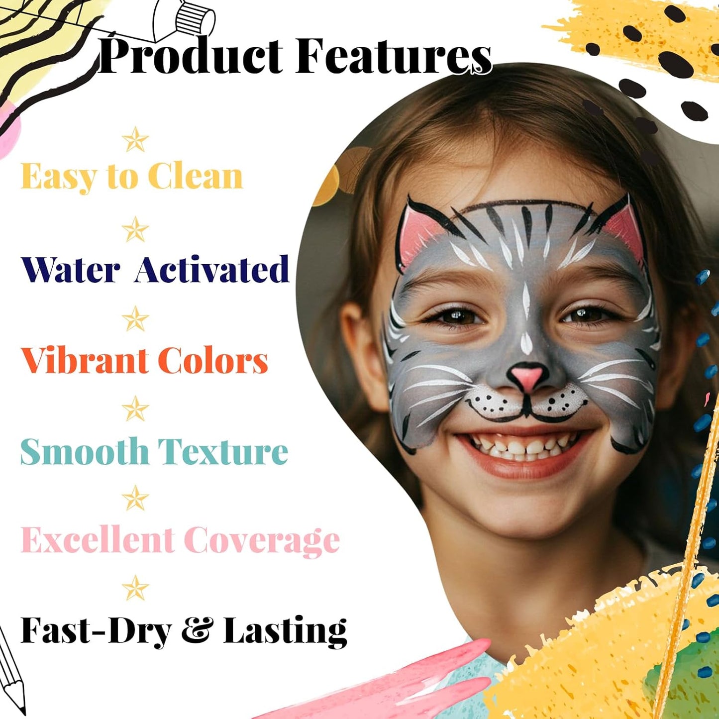 Face Painting Kit for Kids, 42 Colors Professional Face Paint Makeup Kit Non-Toxic Water Activated Facepaint Pallette with Brushes, Stencils, Sponge, Gems, for Party Cosplay Halloween (42 Colors)