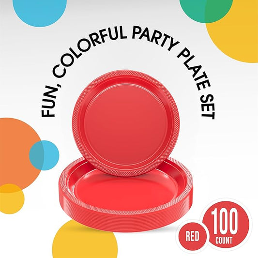 Exquisite Party Solids Red Plastic Plates For Party Supplies, Red Disposable Plates 100 Pcs - 50-7" & 50-9" Heavy Duty 350 GSM Disposable Dinnerware Sets, Plastic Dinnerware Sets