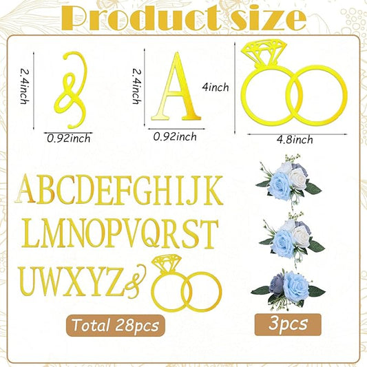 4Pcs Wedding Cake Topper Diamond Ring Cake Topper with 26 Letter Personalize Bride and Groom Initial Sign Cake Decor for Bridal Shower Party