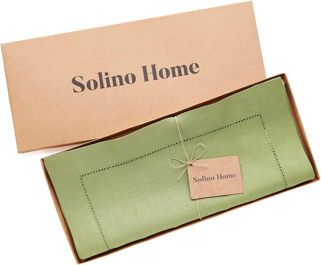 Solino Home Linen Moss Green Table Runner 120 Inches Long - 100% Pure Linen Hemstitch 14 x 120 Inch Table Runner for Dining, Fall, Autumn, Thanksgiving - Classic Hemstitch