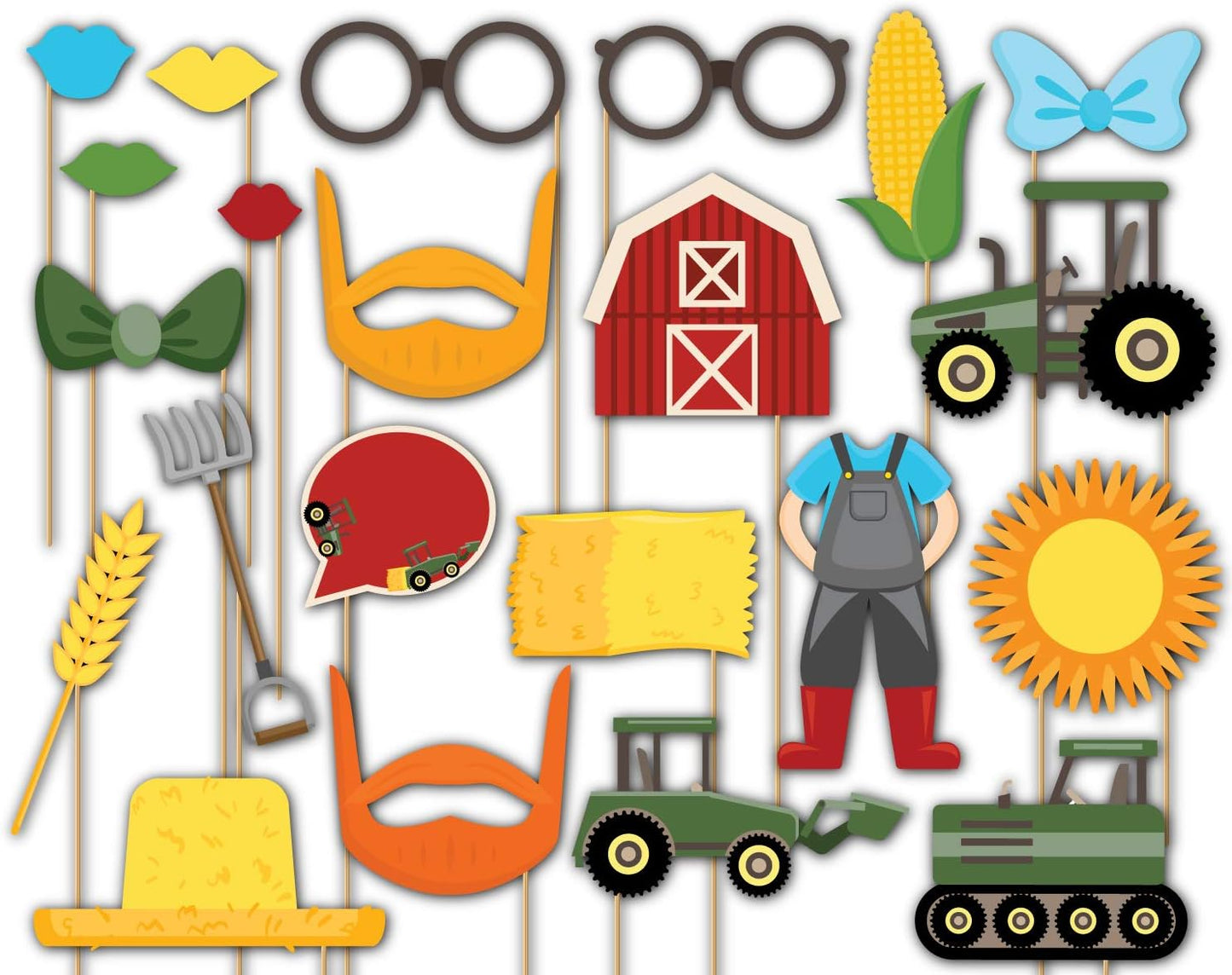 Farm Green Tractor Time Photo Booth Props Kit - 20 Pack Party Camera Props Fully Assembled