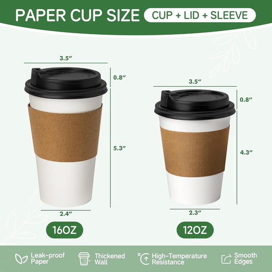 16 oz 500 Pack Disposable Coffee Cups with Lids & Sleeves, White Paper To Go Cups for Hot Beverages, Leak Proof, Coffee Shop Quality